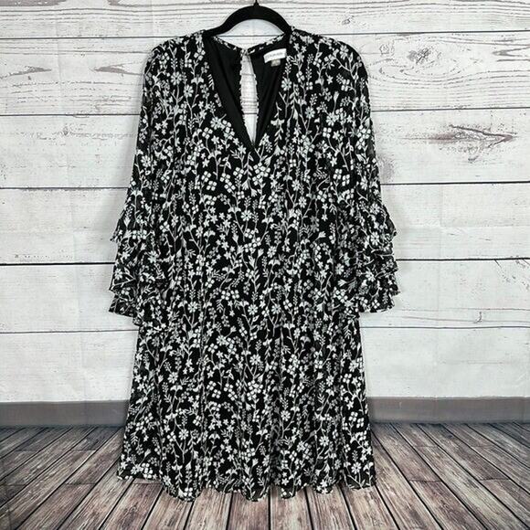 Calvin Klein Dresses & Skirts - Calvin Klein Dress Womens 10 Black Floral Chiffon Ruffle Cottagecore Boho